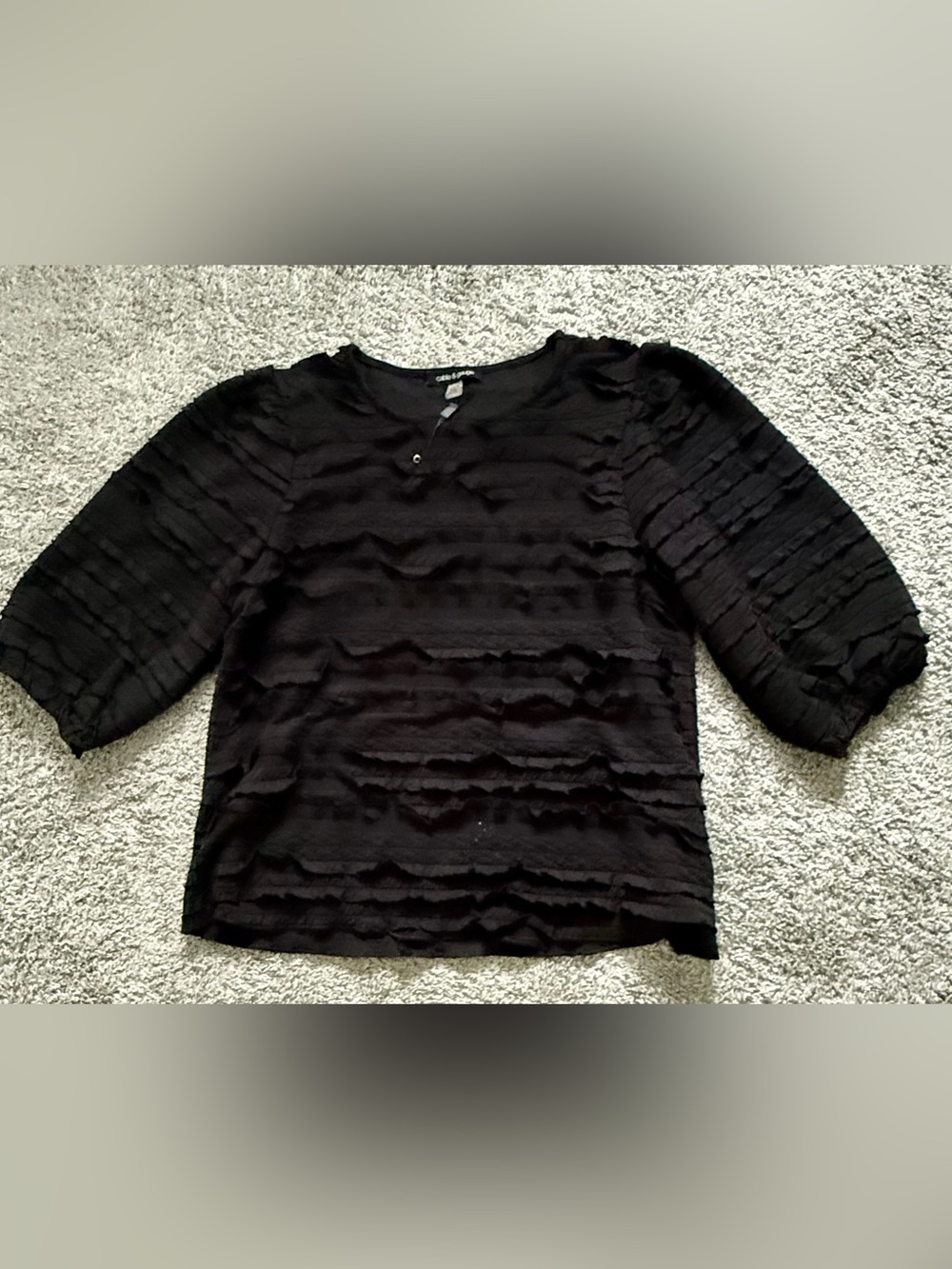 NWOT Cable & Gauge Black Textured Ruffled Puff Sleeve Top Size L